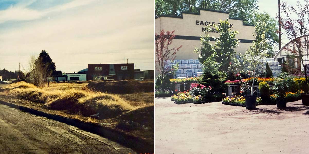 Left: The empty lot on Rollandet in 1996 just before construction of the current building. Right: Eagle Rock Nursery's original location on Pancheri Drive. | Courtesy Jane Brown
