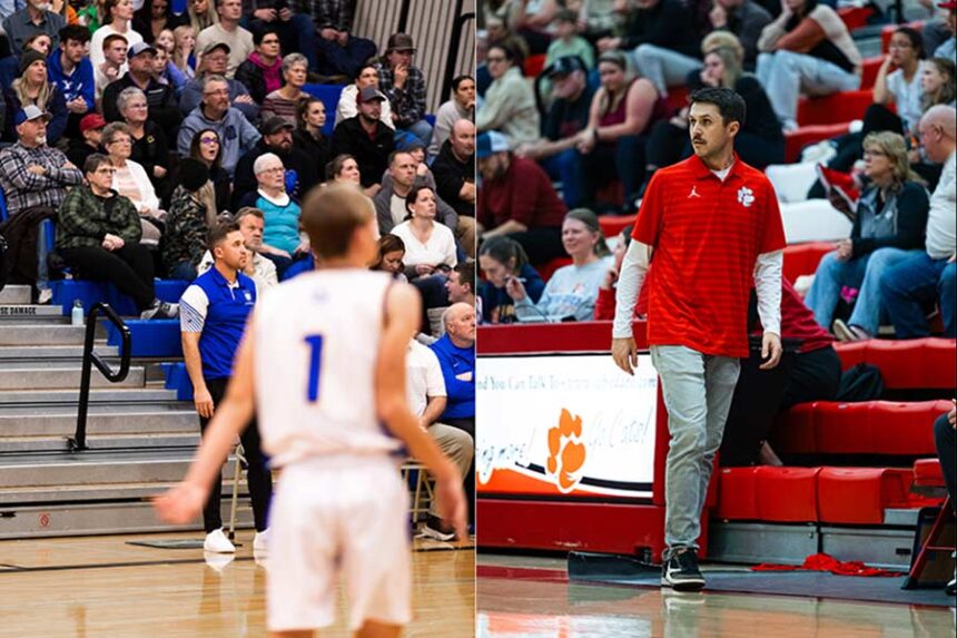 Jordan Hamilton, left in blue, and Logan Hamilton, right, are brothers from Ririe. Jordan is the head coach for Ririe high school's basketball team. Logan coaches at Madison High School. | Courtesy Logan Hamilton