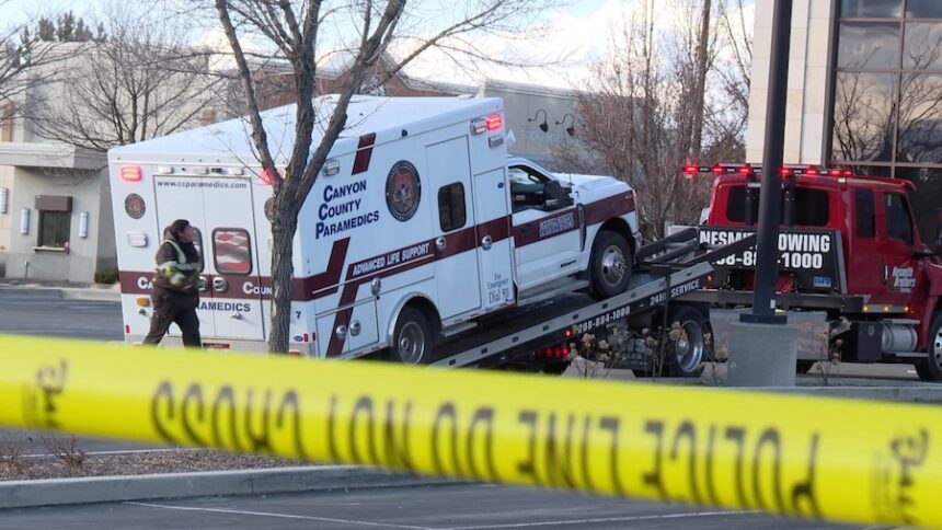An ambulance is towed away as evidence Thursday afternoon, Feb. 19, 2026, after police say it was stolen and then crashed through an office building in Meridian early that morning.