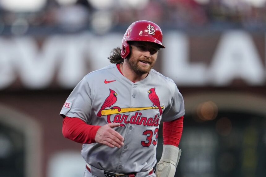FILE - St. Louis Cardinals' Brendan Donovan against the San Francisco Giants during the first inning of a baseball game, Sept. 23, 2025, in San Francisco. (AP Photo/Godofredo A. Vásquez, File)