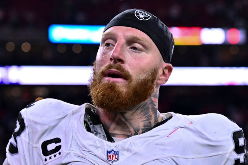 FILE - Las Vegas Raiders defensive end Maxx Crosby (98) looks on after an NFL football game against the Houston Texans, Sunday, Dec. 21, 2025, in Houston. (AP Photo/Maria Lysaker,File)