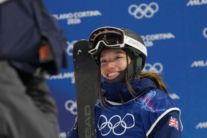 Britain's Zoe Atkin reacts during the women's freestyle skiing halfpipe qualifications at the 2026 Winter Olympics, in Livigno, Italy, Thursday, Feb. 19, 2026. (AP Photo/Gregory Bull)