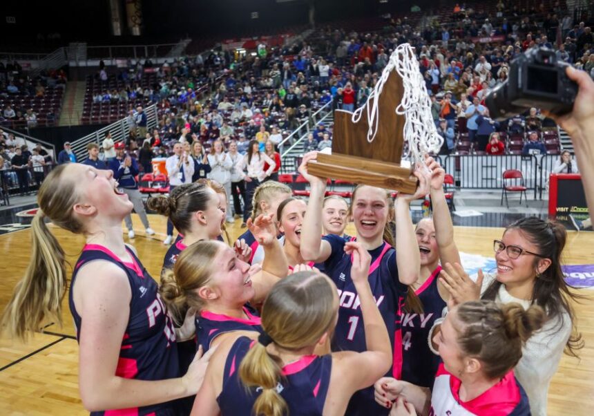 Pocatello celebrates after defeating Sandpoint on Saturday, Feb. 21, 2026, during the 5A Girls Basketball Championship game at the Ford Idaho Center in Nampa. Pocatello defeated Sandpoint 62-49 to claim the state title. Photo by Pat Sutphin | Gameframephoto.com.