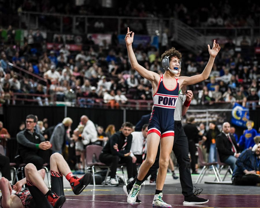 Pocatello's Apisai Tabakece celebrates a win over Tytan Freeman of Shelley. | Scott Kirtley, GameFrame via EastIdahoSports.com.