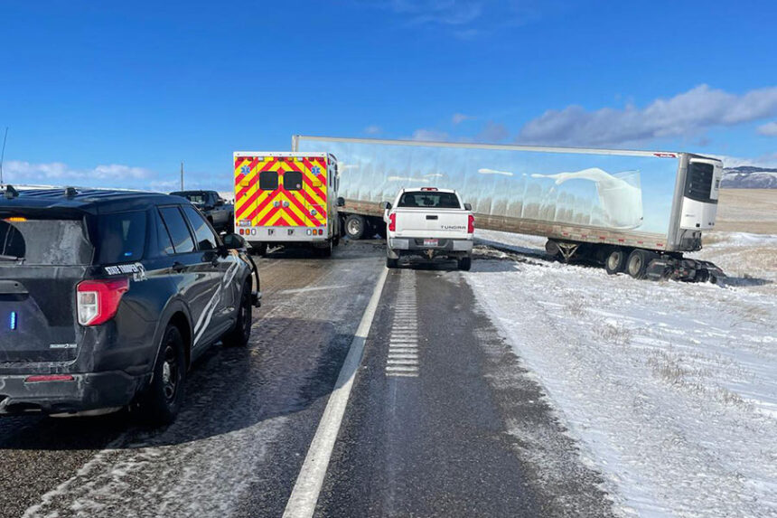 The semi-truck is blocking both lanes near Tetonia. | Courtesy of ISP