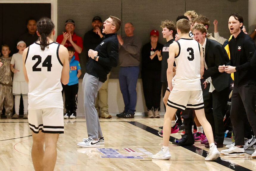 Highland head coach Matt Stucki reacts to Stockton Moore's layup with less than 45 seconds left