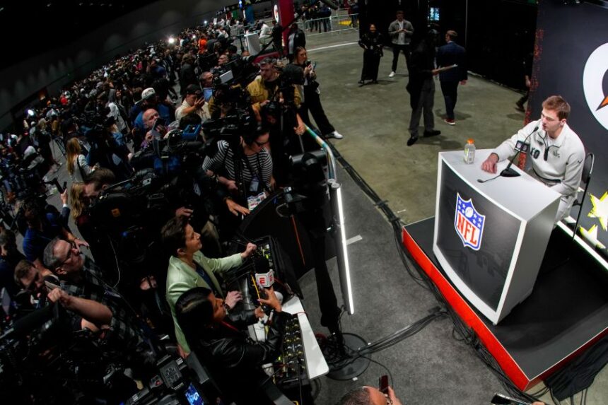 New England Patriots quarterback Drake Maye speaks during the NFL Super Bowl Opening Night, Monday, Feb. 2, 2026, in San Jose, Calif., ahead of the Super Bowl 60 football game between the Seattle Seahawks and the New England Patriots. (AP Photo/Charlie Riedel)