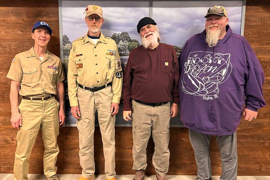 Casey Burns, right, is the benefits resource officer with Snake River VFW Post 1004 in Rigby. He is pictured with Chaplain Rob Close, left, Commander Jim Stringham, second from left, and Post quarter master Scott Williams. | Rett Nelson, EastIdahoNews.com