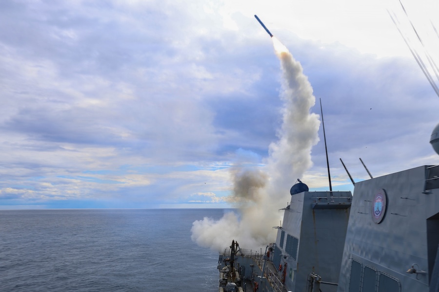 This image provided by U.S. Central Command shows the Arleigh Burke-class guided-missile destroyer USS Thomas Hudner (DDG 116) firing a Tomahawk Land Attack Missile (TLAM) in support of Operation Epic Fury, on Sunday, March 1, 2026.