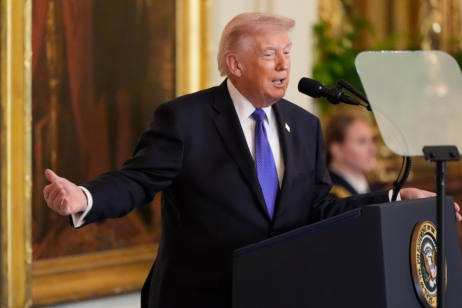 President Donald Trump speaks about the new ballroom construction before a Medal of Honor ceremony in the East Room of the White House, Monday, March 2, 2026, in Washington.