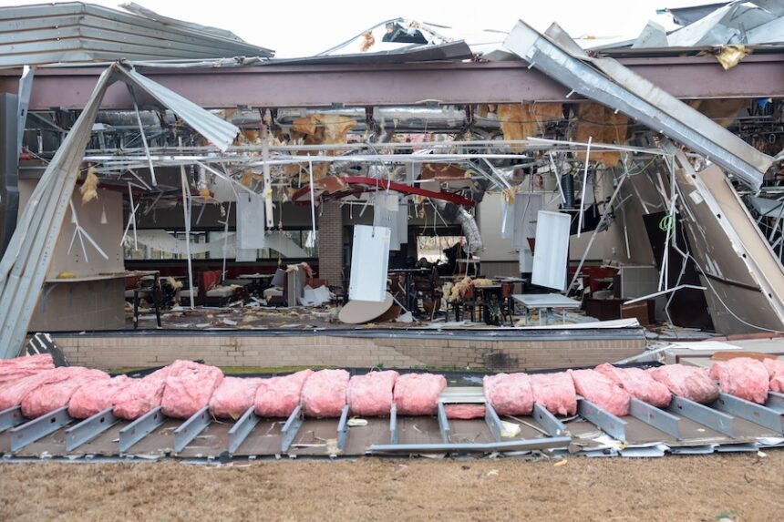 The Tulsa Tech Peoria Campus damaged by a Friday night storm is shown Saturday, March 7, 2026 in Tulsa, Okla.