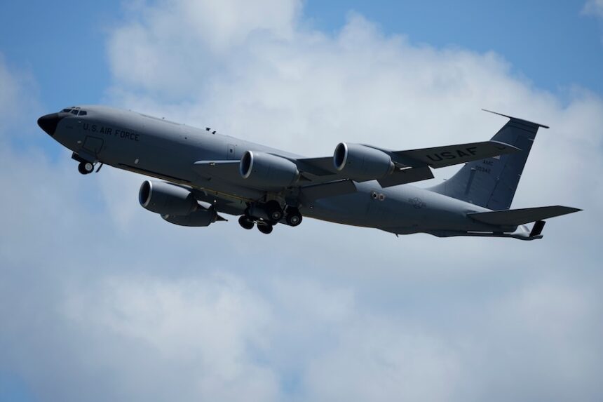 FILE - A U.S. Air Force KC-135 Stratotanker refueling tanker aircraft takes off from the Kadena Air Base airfield in Kadena town, west of Okinawa, southern Japan, Wednesday, Aug. 30, 2023.