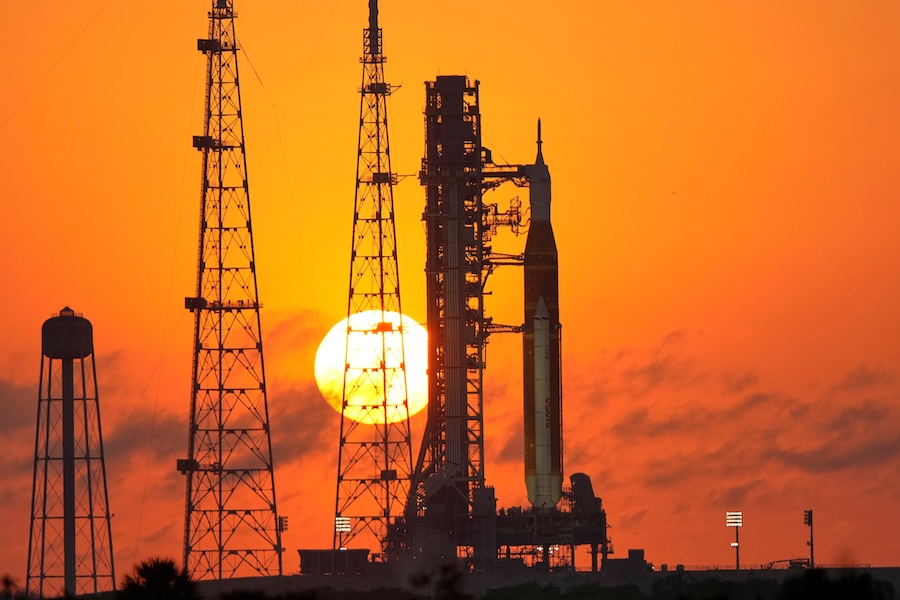 NASA's Space Launch System rocket with the Orion spacecraft set for the Artemis 2 mission is seen on Launch Complex 39B at sunrise at the Kennedy Space Center, Tuesday, March 24, 2026, in Cape Canaveral, Fla.