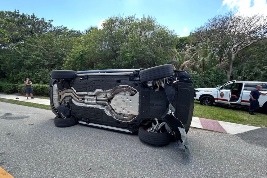 This photo provided by the Martin County Sheriff's Office shows the overturned vehicle in a rollover crash which involved Tiger Woods in Jupiter Island, Fla., on Friday, March 27, 2026.