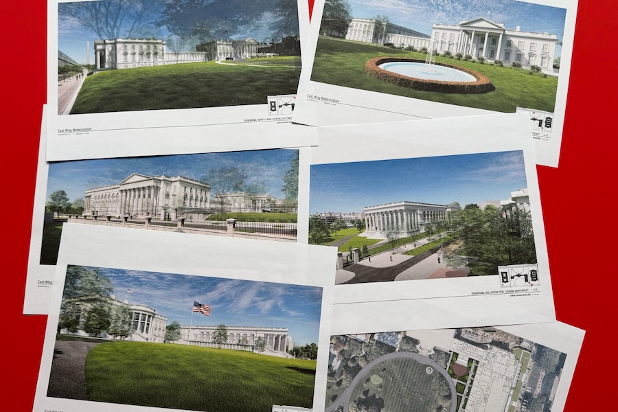 Artist renderings and diagrams of the new White House East Wing and Ballroom, are photographed Feb. 17, 2026.