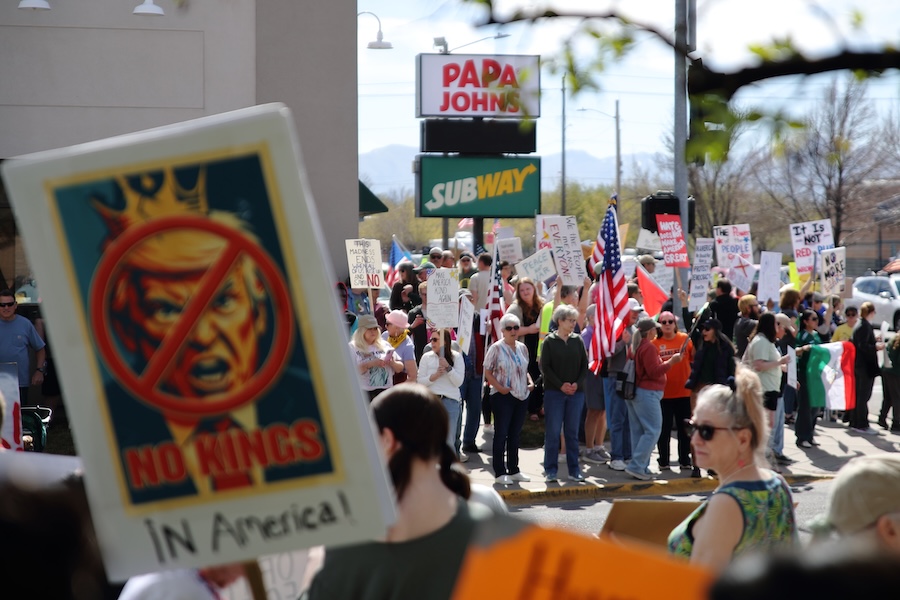 Protestors line up on 5th Street in Pocatello during a “No Kings” protest on Saturday, March 28, 2026.