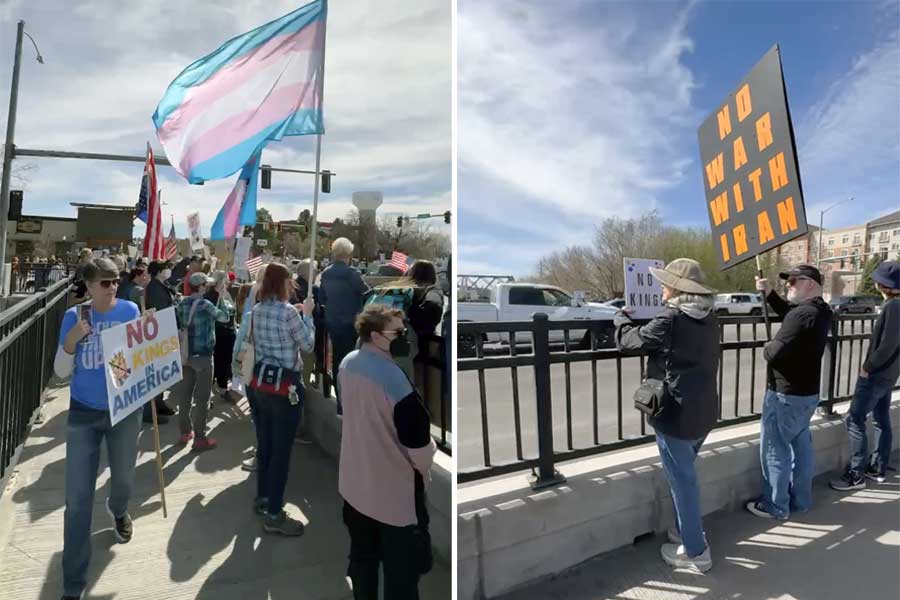 A crowd gathers on Broadway Bridge in Idaho Falls to participate in a "No Kings" rally on Saturday, March 28, 2026.