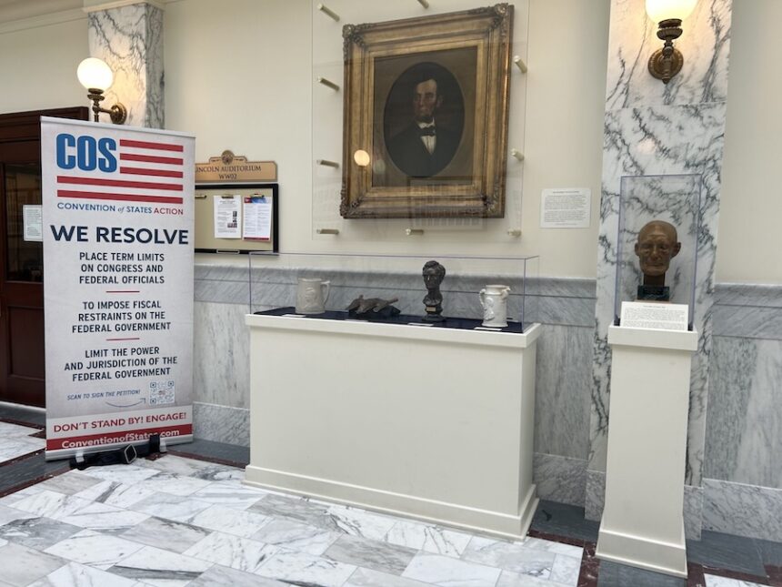 A sign encouraging the state of Idaho to join a constitutional convention sits outside the Lincoln Auditorium at the Idaho State Capitol on Jan. 15, 2026.