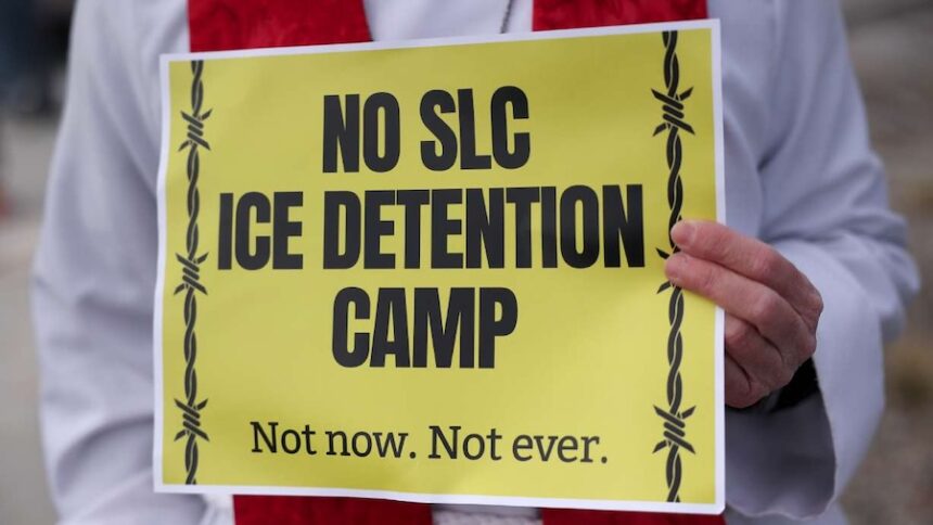 ICE has bought a Salt Lake City warehouse, sparking concern that an immigrant detention facility is coming. This Jan. 17 photo comes from a protest at another Salt Lake City site where some feared a detention center was planned.