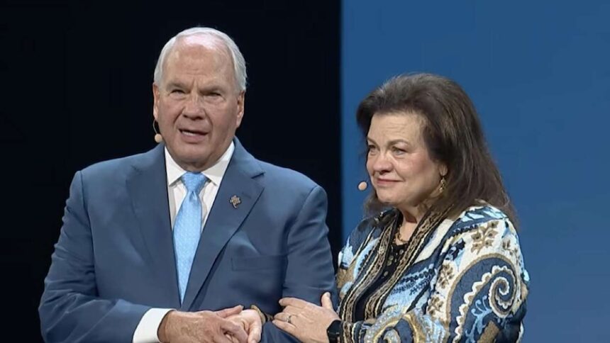 Elder Ronald A. Rasband and his wife, Sister Melanie Rasband, speak during Family Discovery Day at the RootsTech family history conference in Salt Lake City on Saturday, March 7, 2026.