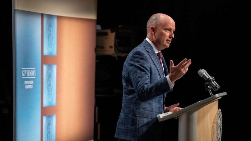 Utah Gov. Spencer Cox speaks at his monthly news conference Thursday, March 19, 2026, at the Eccles Broadcast Center in Salt Lake City.