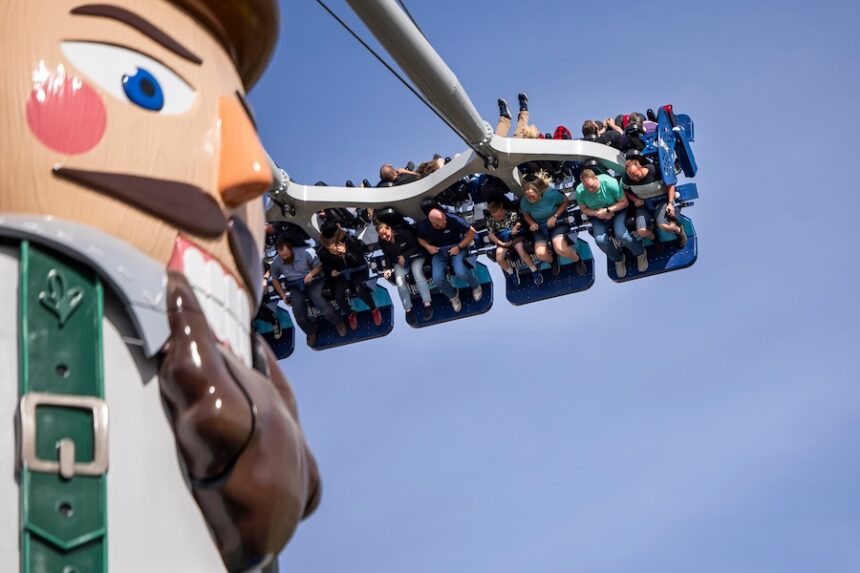 People ride “Nutcracker” during a preview event for the new ride at Lagoon Amusement Park in Farmington on Thursday, March 26, 2026.
