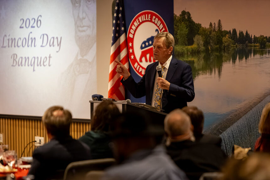 U.S. Rep. Mike Simpson giving local Republicans updates on the federal government during the 2026 Lincoln Day Banquet by the Bonneville and Bingham County Central Committees. | Daniel V. Ramirez, EastIdahoNews.com