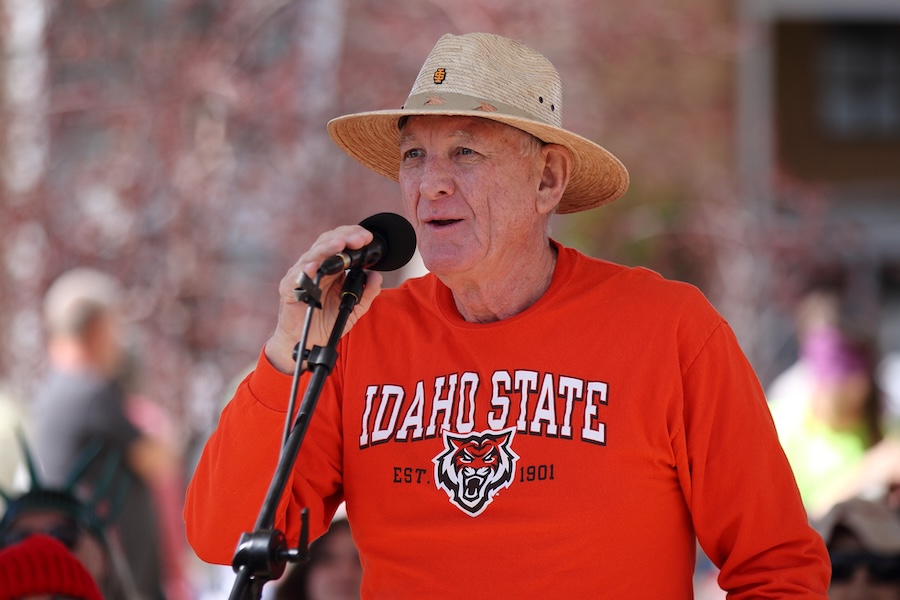 Steven Thompson speaks at a “No Kings” protest on Saturday, March 28, 2026, in Pocatello's Caldwell Park.
