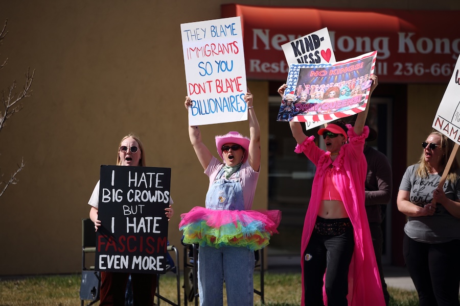 Protestors line up on 5th Street in Pocatello during a “No Kings” protest on Saturday, March 28, 2026.