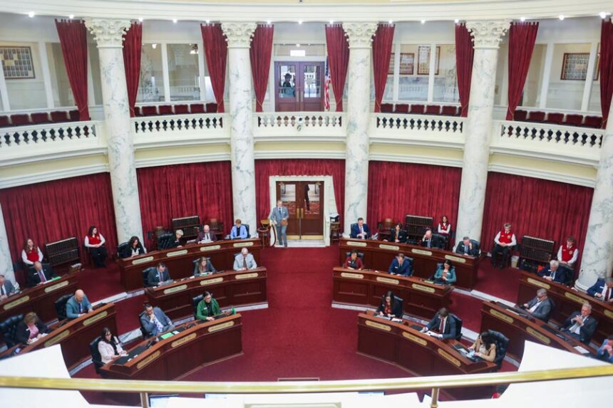 Senators conduct legislative business from the Idaho Senate floor on Jan. 14, 2026, at the State Capitol Building in Boise. (Photo by Pat Sutphin for the Idaho Capital Sun)