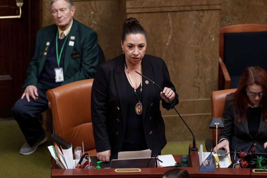 Rep. Angela Romero, D-Salt Lake City, speaks on the House floor at the Capitol in Salt Lake City on Thursday, Feb. 19, 2026.| Spenser Heaps, Utah News Dispatch