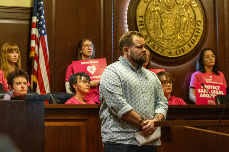 Nikson Mathews, chair of the Idaho Democratic Queer Caucus, joined activists and local elected officials to push back against anti-LGBTQ+ bills in the Idaho Legislature in a news conference on Feb. 16, 2026. | Kyle Pfannenstiel, Idaho Capital Sun