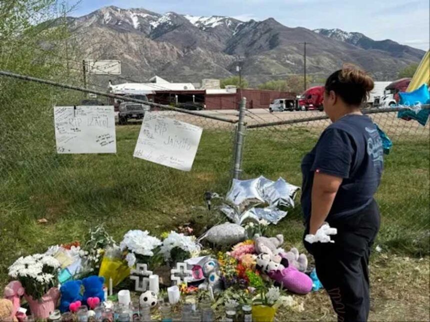 A memorial has been growing near where a crash that killed two children occurred in Ogden, Utah, late Friday night, March 27, 2026.