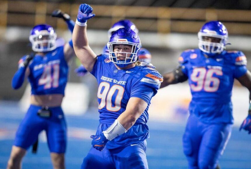 Former Boise State defensive tackle Braxton Fely celebrates a fourth-quarter sack against New Mexico during a game at Albertsons Stadium last season. Kyle Green For The Idaho Statesman