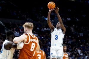 BYU forward AJ Dybansta takes a jump shot during Thursday’s game against Texas. | Isaac Hale, Deseret News.