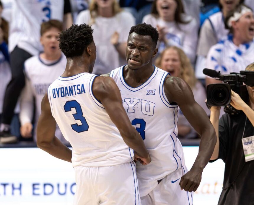 BYU Cougars forward AJ Dybantsa (3) celebrates with BYU Cougars center Keba Keita (13) as they play the Texas Tech Red Raiders at the Marriott Center in Provo, on Saturday, March 7, 2026. BYU won 82-76. (Photo: Scott G Winterton, Deseret News)