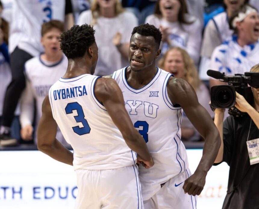BYU Cougars forward AJ Dybantsa (3) celebrates with BYU Cougars center Keba Keita (13) as they play the Texas Tech Red Raiders at the Marriott Center in Provo, on Saturday, March 7, 2026. BYU won 82-76. (Photo: Scott G Winterton, Deseret News)