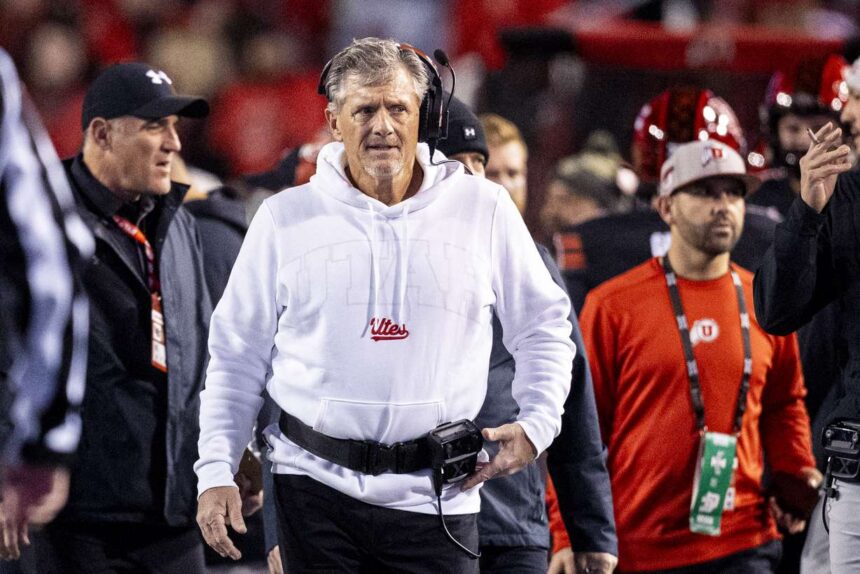 Utah Utes head coach Kyle Whittingham walks along the sidelines during an NCAA football game between the University of Utah Utes and the Iowa State University Cyclones held at Rice-Eccles Stadium in Salt Lake City on Saturday, Nov. 23, 2024. (Photo: Isaac Hale, Deseret News)