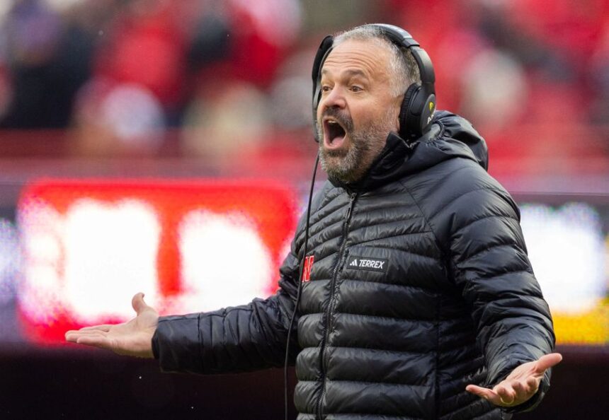 FILE - Nebraska head coach Matt Rhule disputes a referee's call after Nebraska made a safety against Iowa during the second half of an NCAA college football game Friday, Nov. 28, 2025, in Lincoln, Neb. (AP Photo/Rebecca S. Gratz, File)