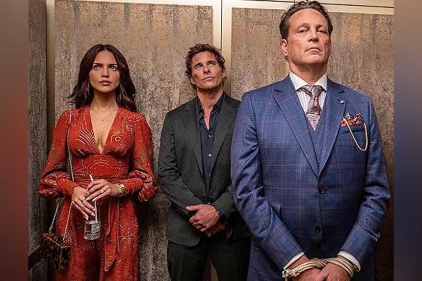 Eiza González, James Marsden and Vince Vaughn in a scene from the 2026 movie "Mike & Nick & Nick & Alice."