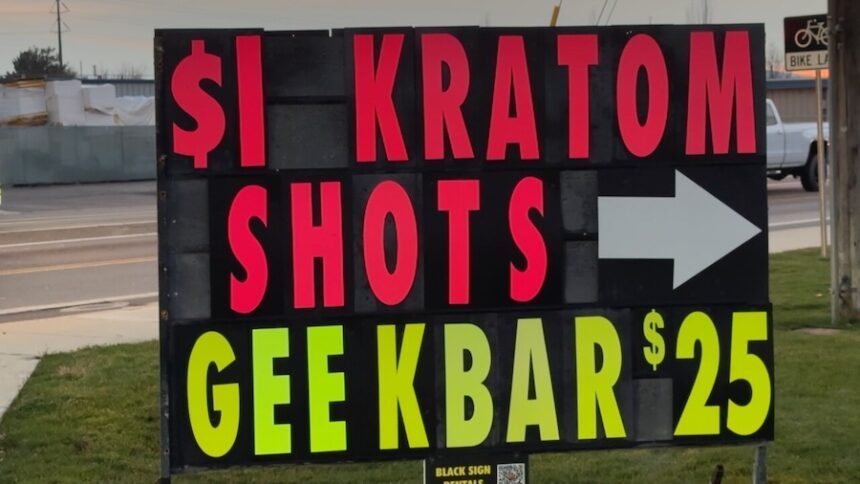 A sign advertises the sale of kratom-infused products in this undated image.
