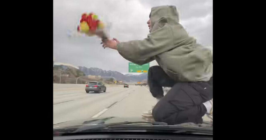 man on hood on interstate