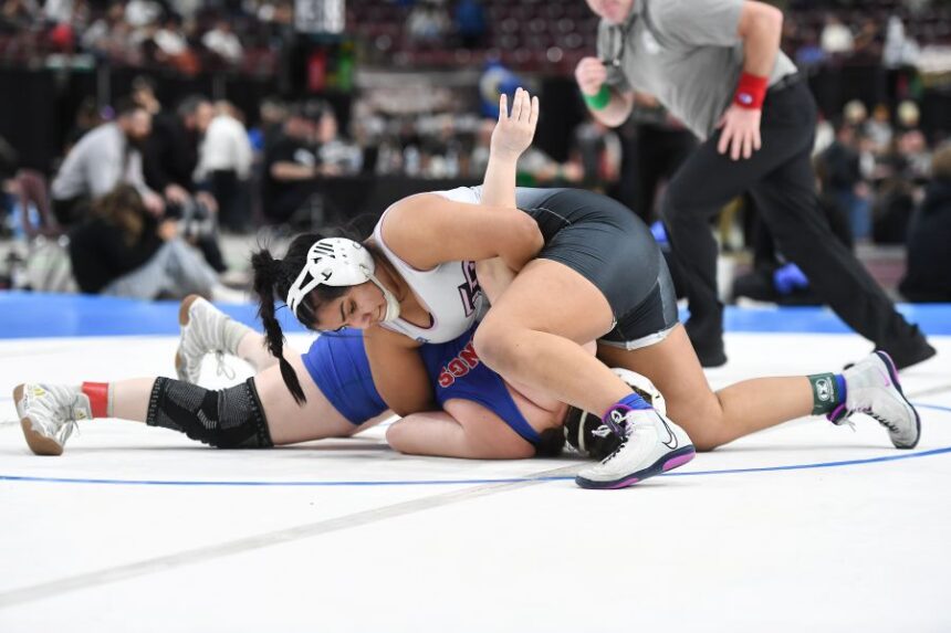 Shauna Anderson of Thunder Ridge pins Brooklyn Anderson of Coeur d Alene to win the 190-pound title. | Wes Turner, GameFrame via EastIdahoSports.com.