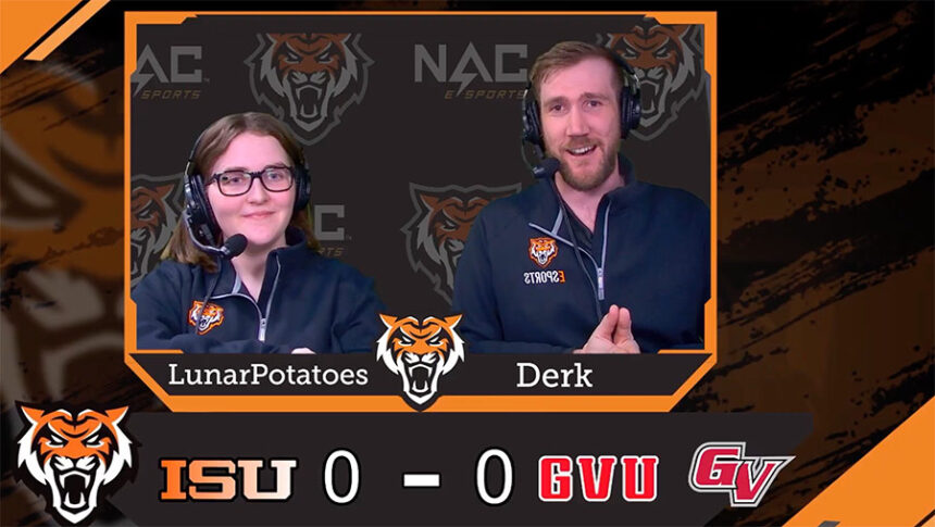 Shoutcasters Wendy Cox, left, and Derek Hansen call an Overwatch 2 match between Idaho State University and Grand View University. | Photo courtesy Idaho State University esports YouTube