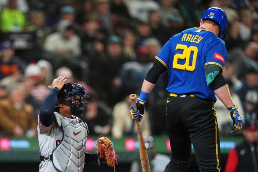 FILE - Cleveland Guardians catcher Bo Naylor challenges a call during an at-bat by Seattle Mariners' Luke Raley during the fourth inning of a baseball game, Friday, March 27, 2026, in Seattle. (AP Photo/Lindsey Wasson, filr)
