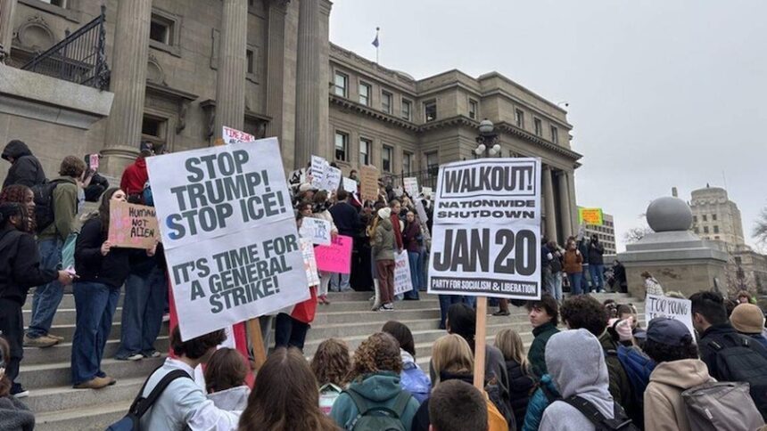 A crowd gathers at the Idaho Capitol in Boise on Tuesday, Jan. 20, 2026, part of the nationwide Free America walkouts held in hundreds of cities. The Idaho Legislature is in session at the Statehouse.
