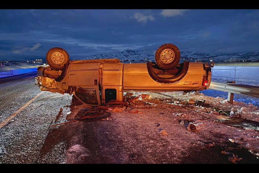 A 199 Ford F150 flipped on icy roads Friday morning. | Courtesy Kyle Riley, EastIdahoNews.com
