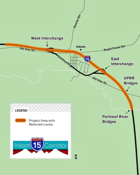 An image mapping out the planned construction area for ITD's I-15 Inkom Corridor project.