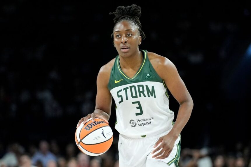 FILE - Seattle Storm forward Nneka Ogwumike (3) plays against the Las Vegas Aces in Game 2 of a WNBA basketball first-round playoff game Sept. 24, 2024, in Las Vegas. (AP Photo/John Locher, File)