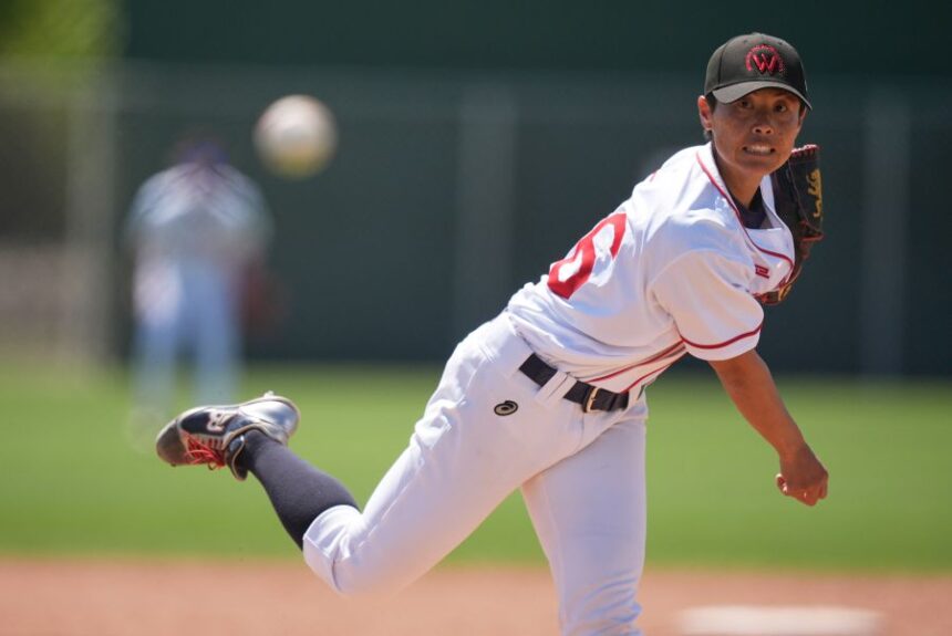 Ayami Sato pitches during a Women's Pro Baseball League exhibition game, Thursday, March 19, 2026, in Fort Myers, Fla. (AP Photo/Rebecca Blackwell)